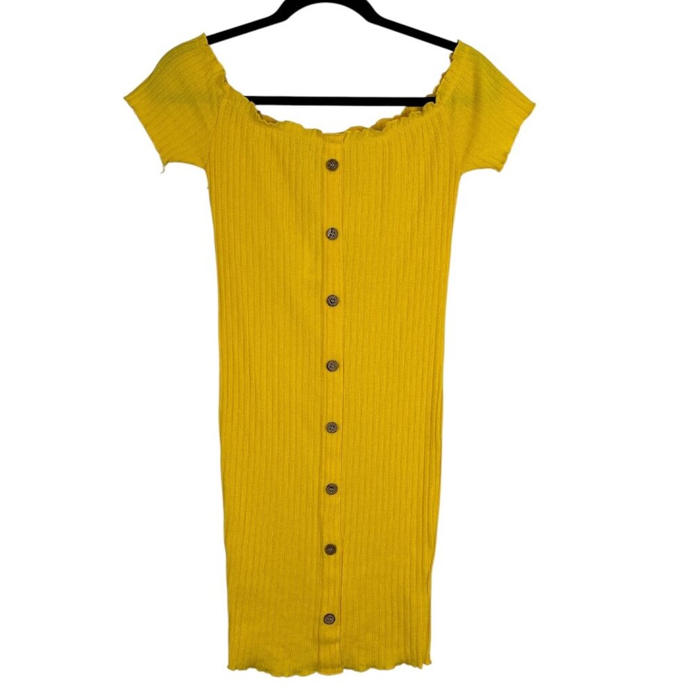 NWT Streetwear Society Ribbed Off-Shoulder Dress Yellow Small Button-Front
